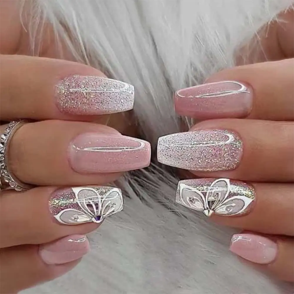 

Press on Nails Medium Winter Coffin Acrylic Fake Nails Pink Gradient False Nails Artificial Glue on Nails Full Cover