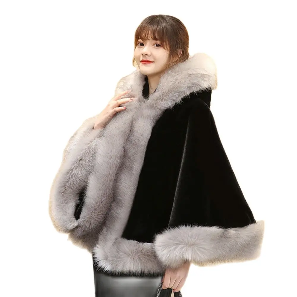 Women Hooded Capes Cloak Winter Thick Warm Hoodie Fur Shawl White Red Black Wedding Dress Bride Fur Cape Ponchos Thicken