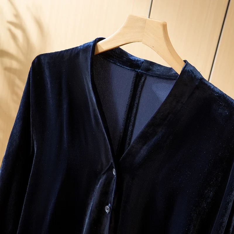 Легкая роскошная 30% натуральная шелковая бархатная рубашка с v-образным вырезом и