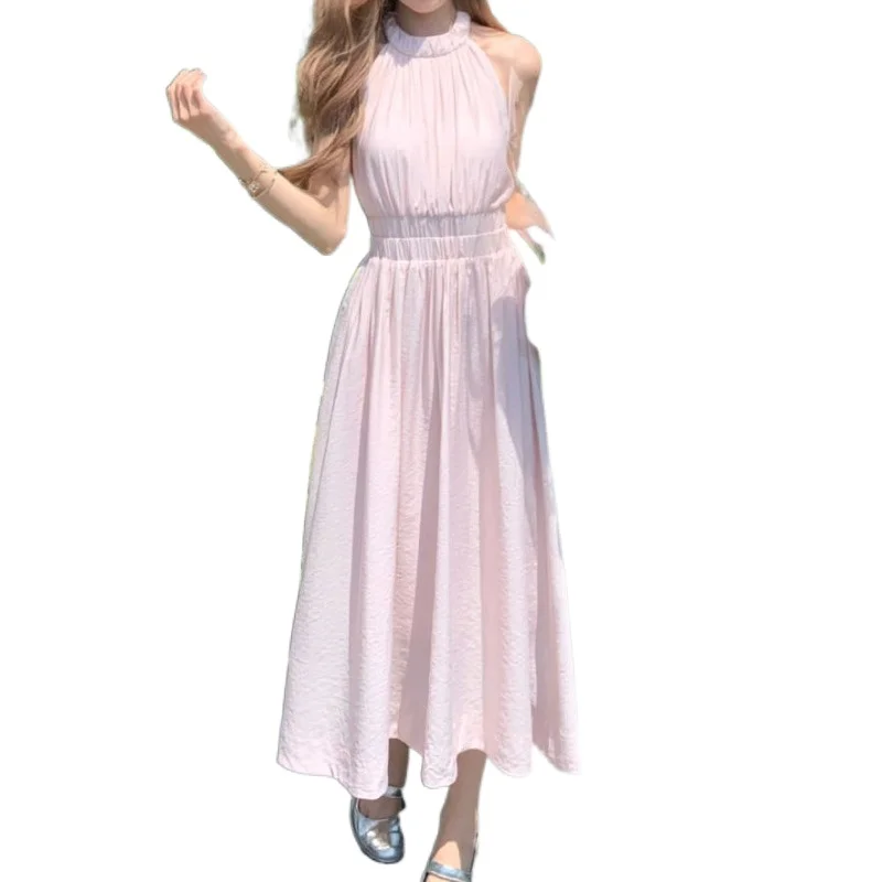

2024 A Women's Fashion Sexy Solid Color Pleated Long Dress Summer Leisure Long Street Strap Sleeveless Girls' Dress