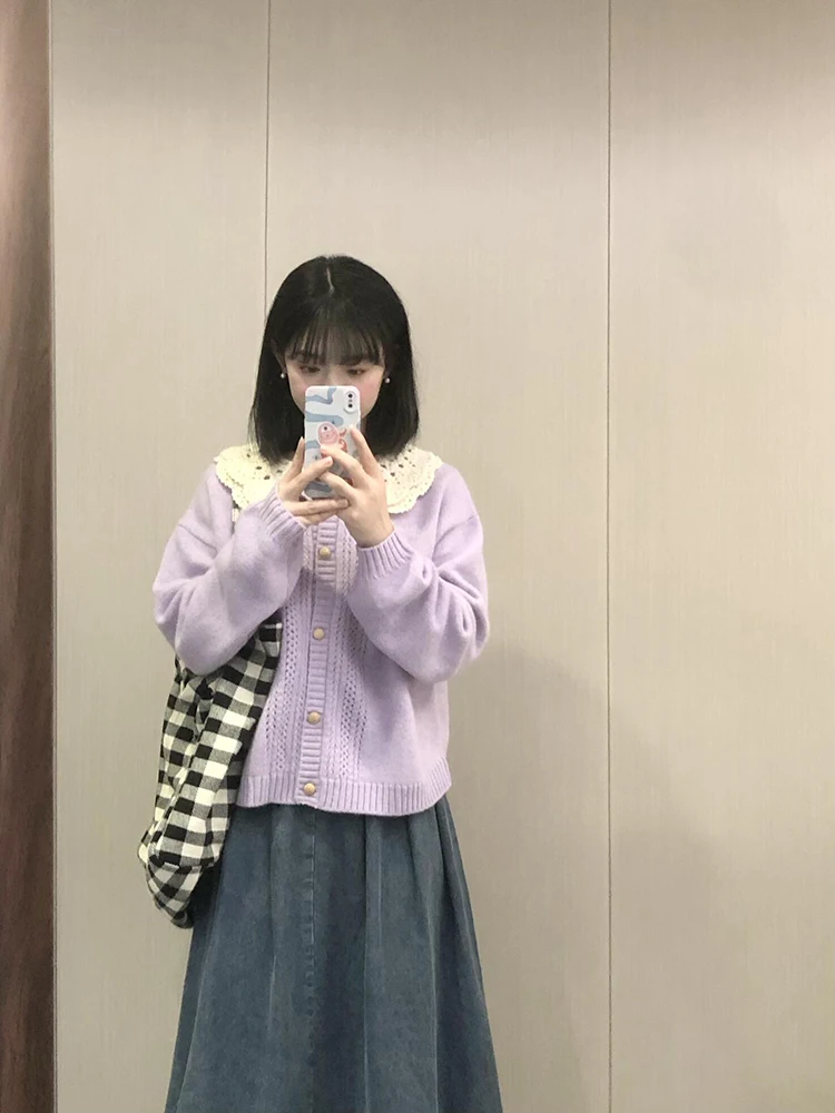 Французский стиль ретро кукольный воротник ажурный фиолетовый свитер верхняя