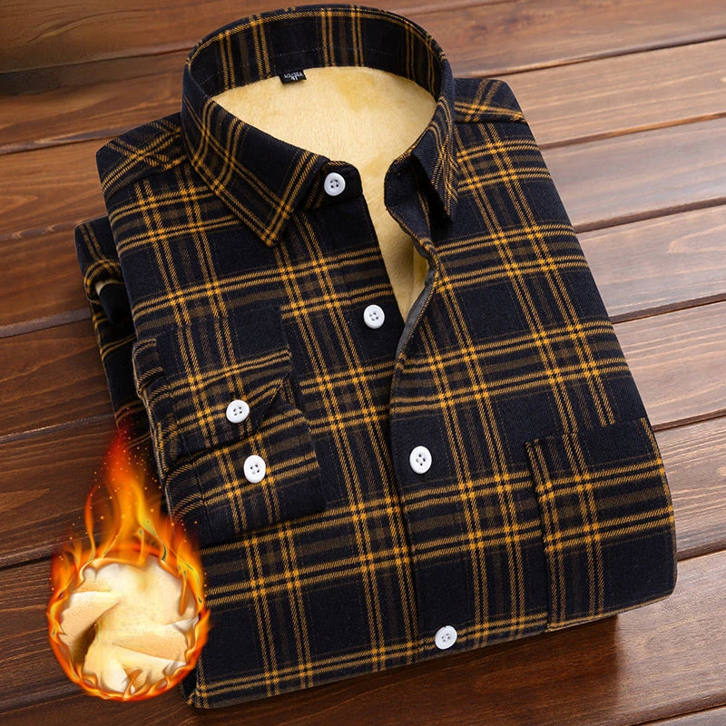 Autumn and Winter New Warm Plush Heavy Plaid Men's Shirt Middle-aged and Old Fashionable Long Sleeve Casual Woolen Shirt