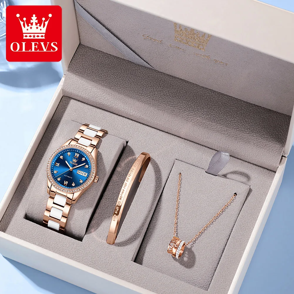 OLEVS Fashion Ceramic Mechanical Watch Women Luxury Bracelets and Necklaces Suit Luminous Waterproof Automatic Watches Womens