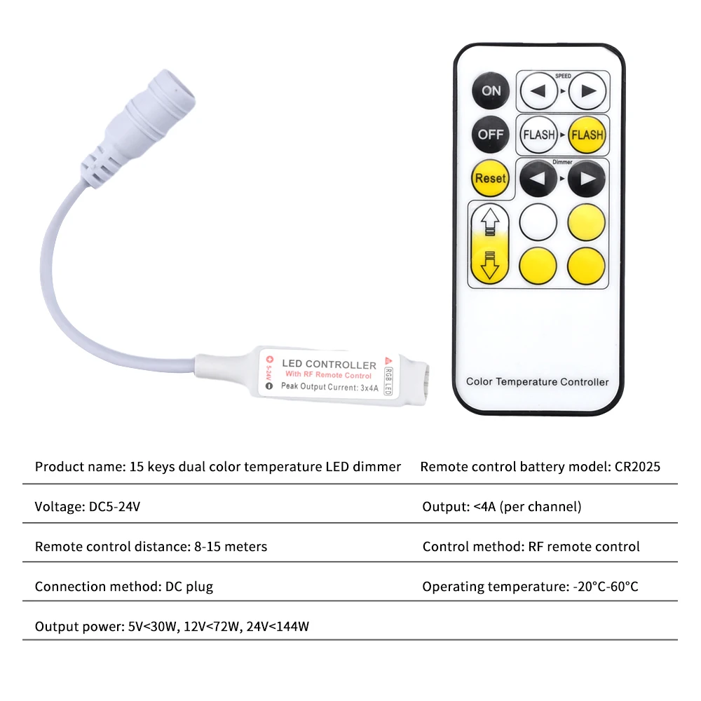 Контроллер светодиодной ленты Мини-диммер RF Remote DC5-24V 15-клавишный контроллер