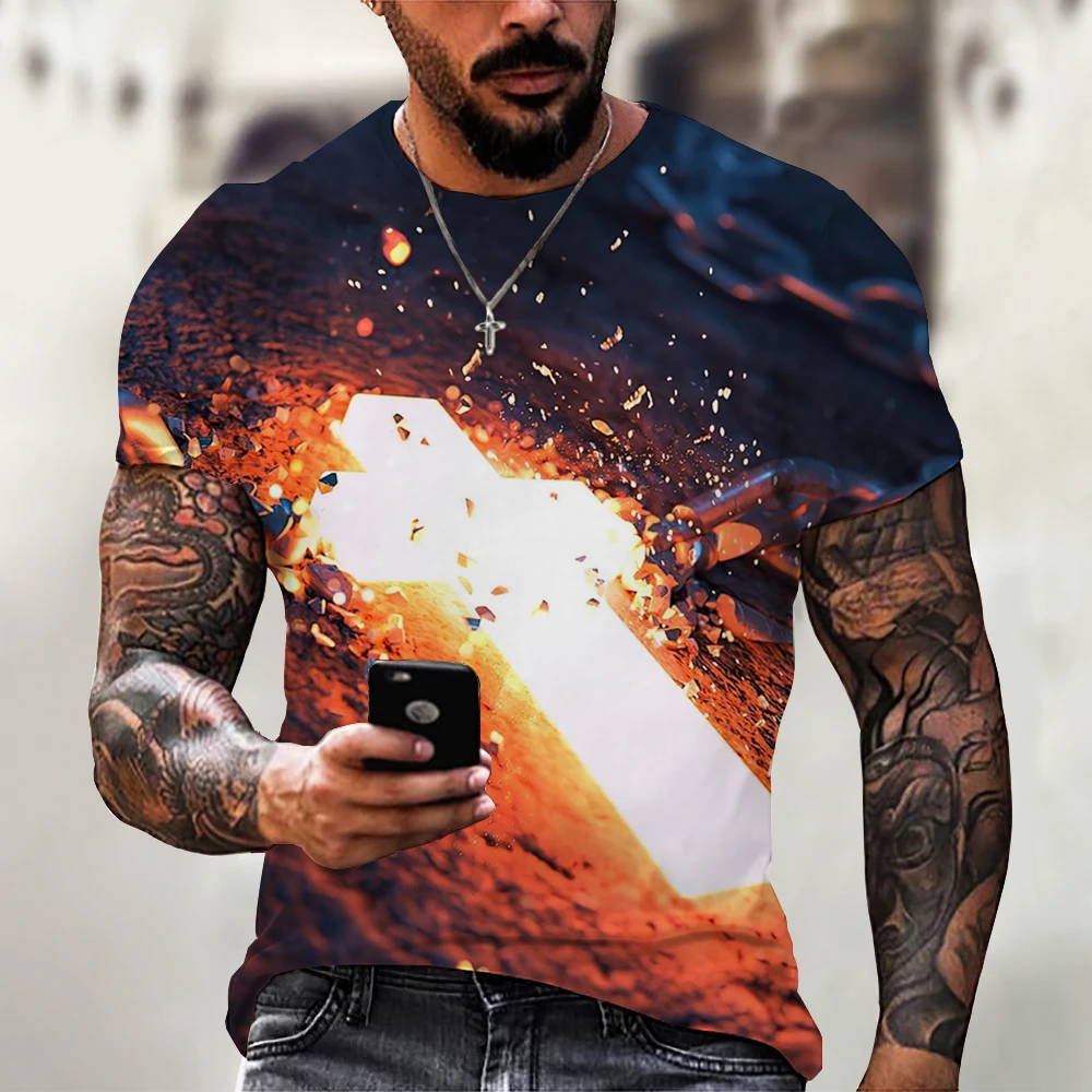

New Men's T-Shirts Cross Print Vintage T-Shirts Men's Clothing Streetwear Oversized TEE Summer Clothing Short Sleeve Tops Boys