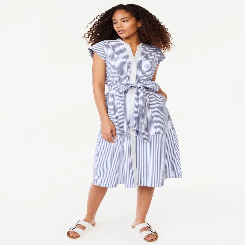 

2023 NEW Women`s Belted Midi Shirt Dress with Short Sleeves Sizes XS-XXXL