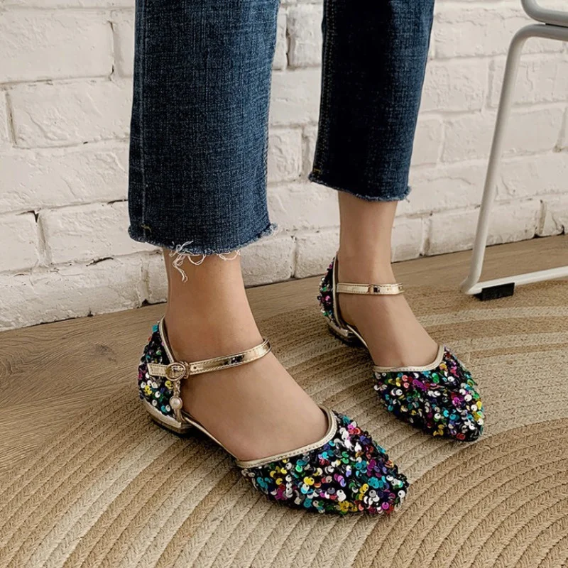 

Pointed Toe Women's Shoes Sequin Square Heel Flat Buckle Pearl Sweet Comfort Silver Daily Gold Shiny Ladies Shoes