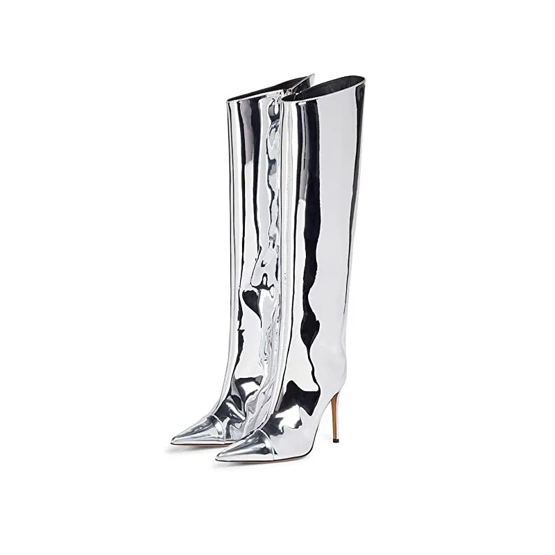 

Women's Knee High Boots Sexy Pointed Toe Stiletto Heel Boot Metallic Leather Zipper Booties Dress Shoes