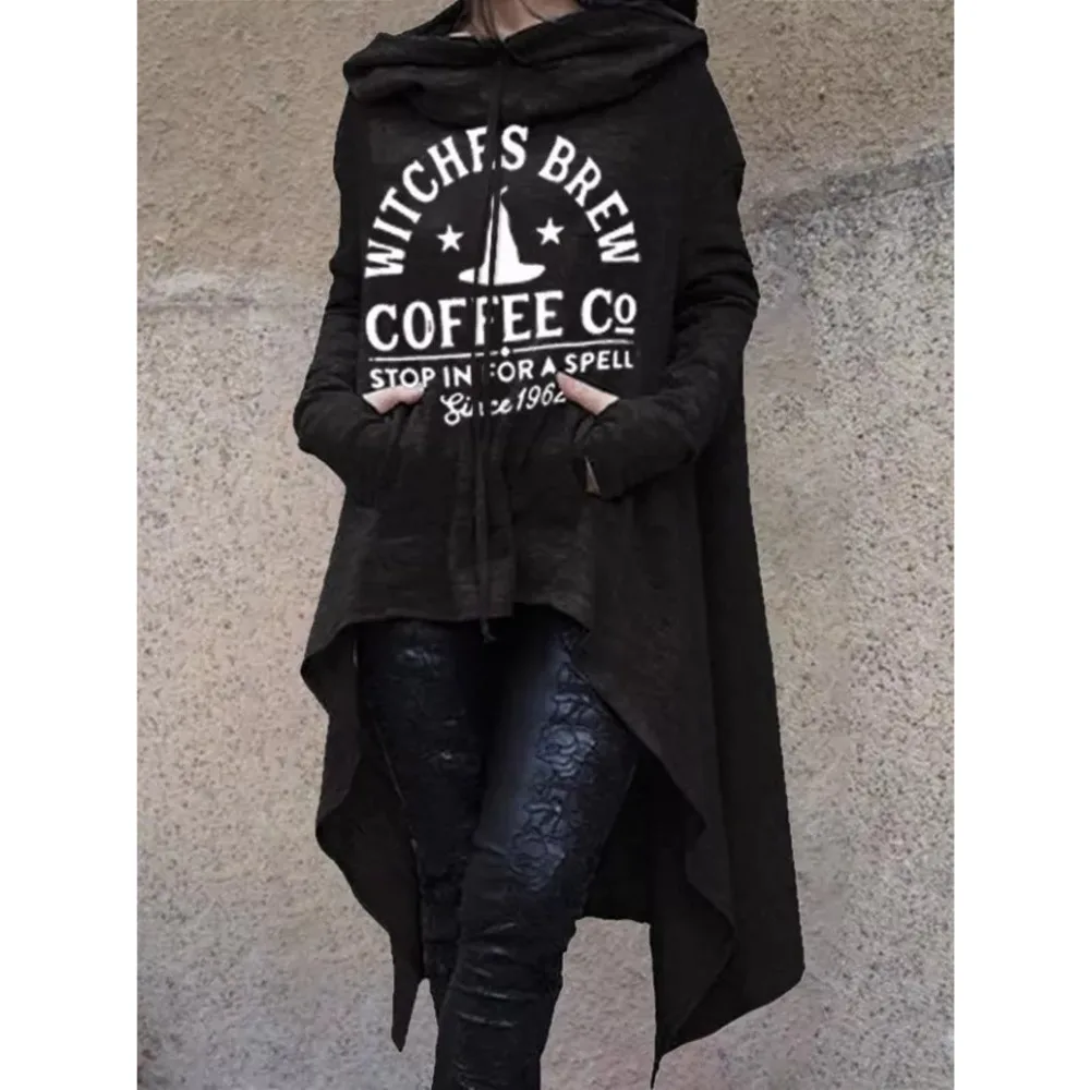 

Autumn Halloween Alphabet Print Ladies Long Hooded Pullover Commuter Casual Festival Mid-Length Front Short Back Long
