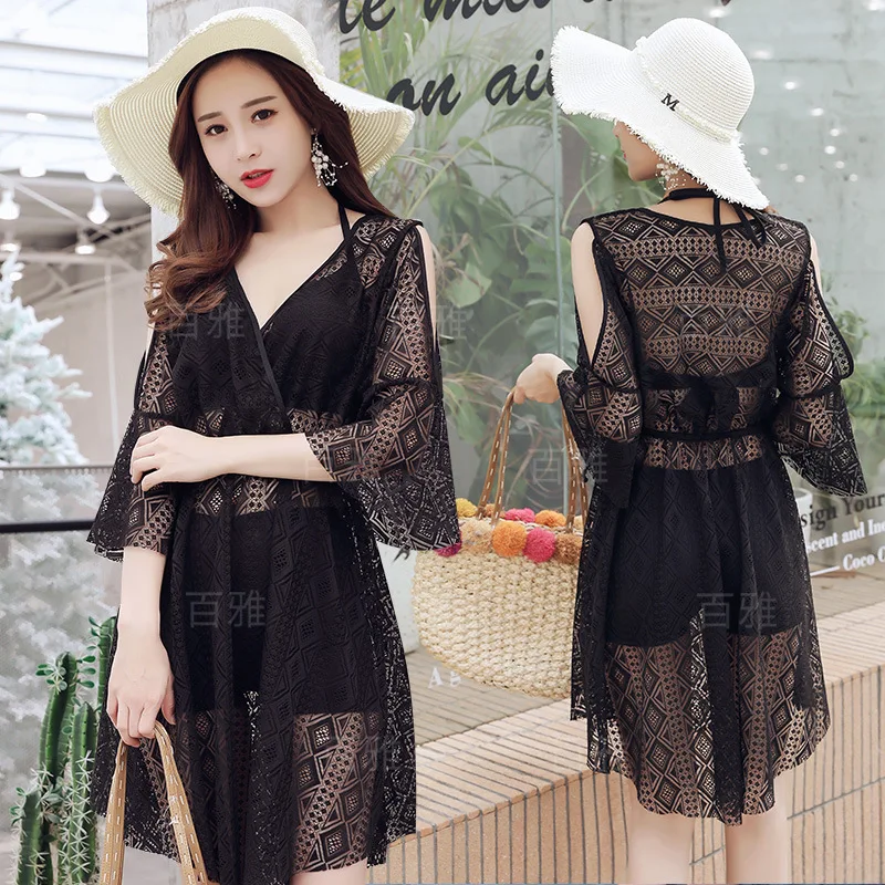 

Swimsuit Women Split Three Piece Set with Strip Steel Support Sexy Blouse Lace Fairy Beach Skirt Plus Size Swimwear See Through