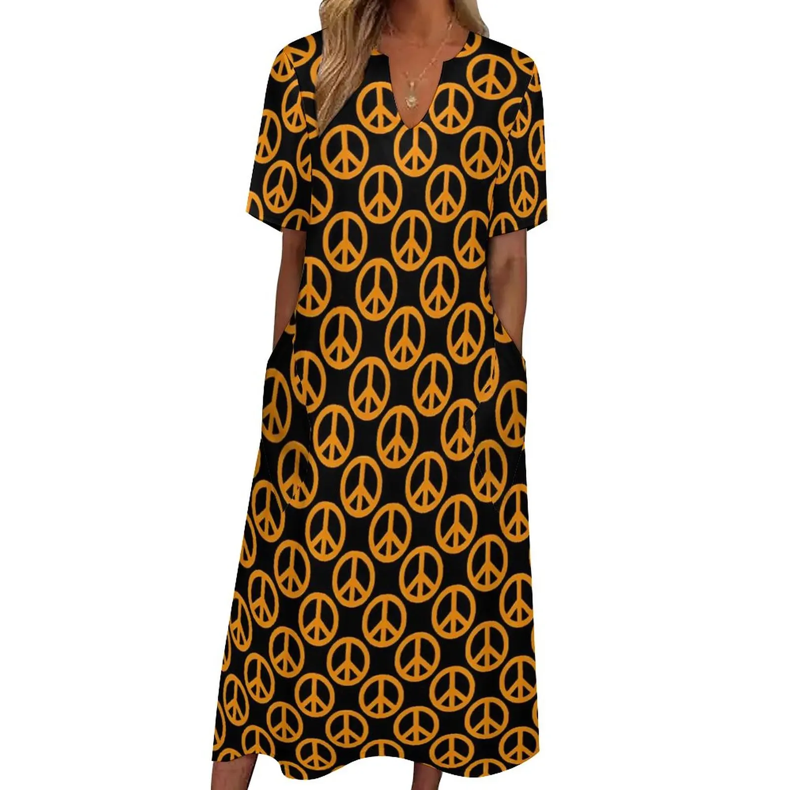 

Orange Peace Signs Dress Summer Vintage Print Street Fashion Bohemia Long Dresses Female Custom Sexy Maxi Dress Big Size 5XL