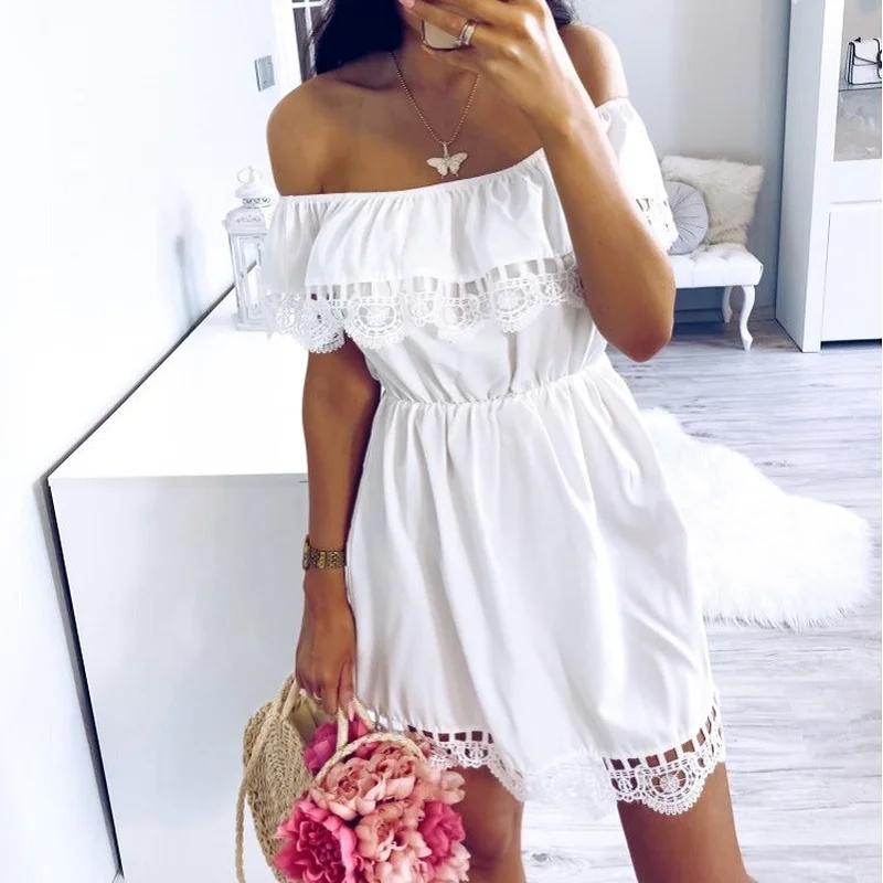 Купи Fashion Women Elegant Vintage sweet lace white Dress Stylish Sexy Slash Neck Casual Slim Beach Summer Sundress Female vestidos за 512 рублей в магазине AliExpress