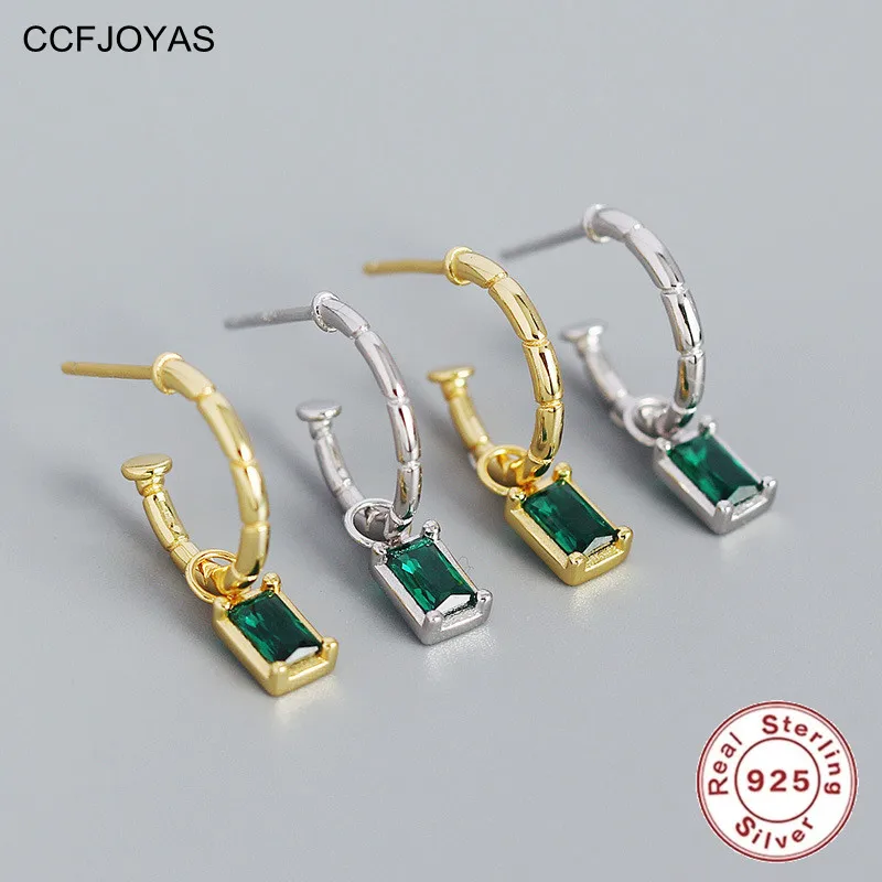 

CCFJOYAS 100% 925 Sterling Silver Geometric Emerald Zircon Earrings for Women European and American Niche C-shaped Drop Earrings