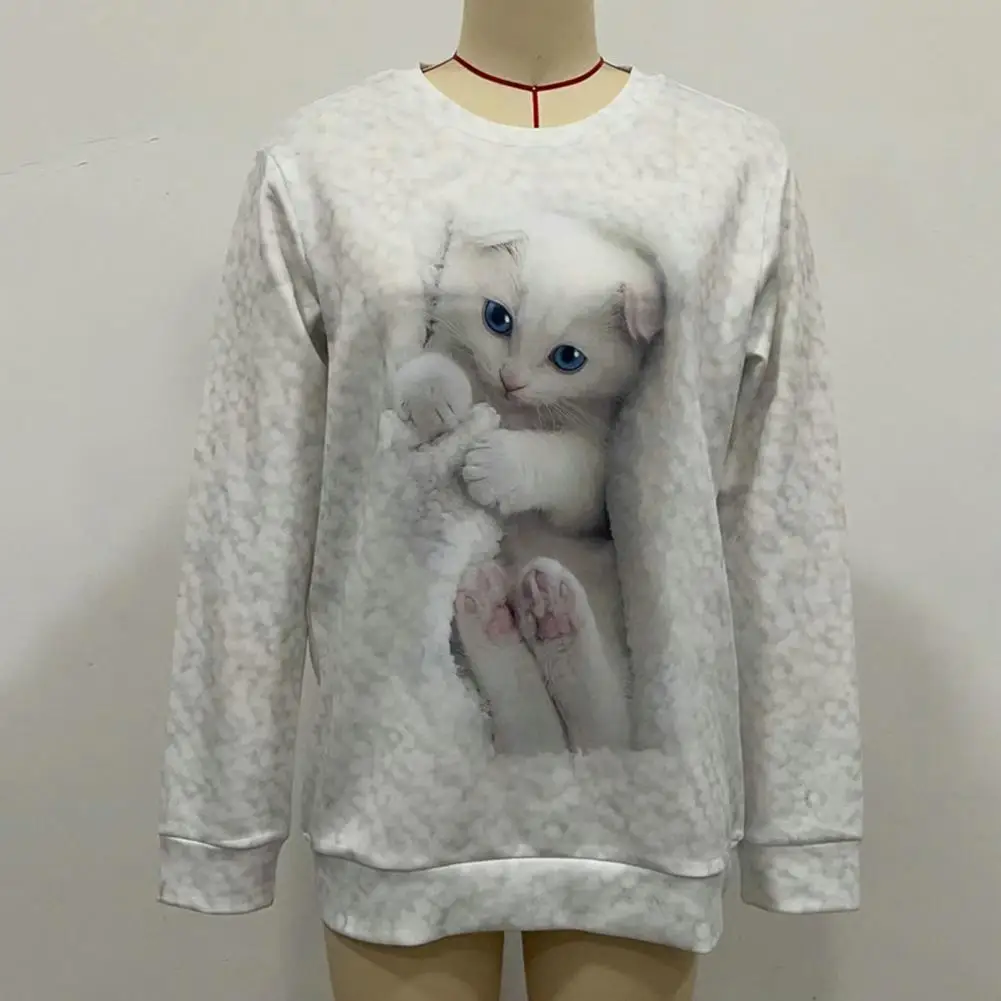 

Простая Весенняя толстовка, мягкий пуловер, свитшот с круглым вырезом, Женская белая толстовка с принтом милого кота, ветрозащитная