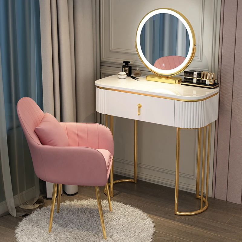 

Modern Dresser Table With Stool Chair Metal Legs Vanity Desk Bedroom Dressing Makeup With LED Mirror Coiffeuses