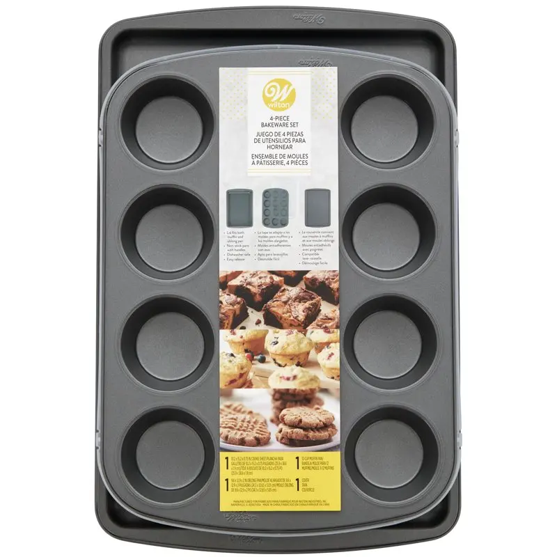 

Fantastic 4-Piece Bakeware Set with Cookie Sheet, Muffin Pan, Oblong Pan and Cover for Delicious Baking.