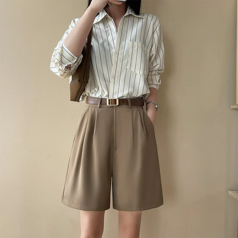 

2023 Summer Khaki Black Suit Shorts Woman High Waist Wide Leg Shorts Women Casual Half Trousers Loose Knee Length Pants Femme