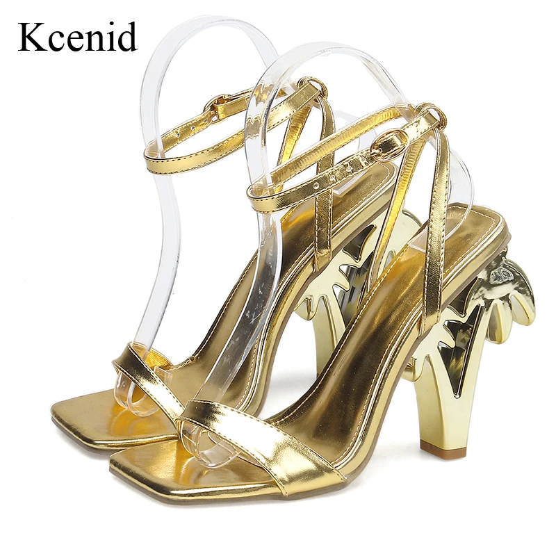 

Kcenid New Fashion Hollow Out Strange Heels sandals women 2023 Summer Square Toe Ankle Strap Party Dress Shoes Gold Silver