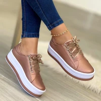 women shiny pu leather thick bottom sneakers woman plus size 43 lace up platform shoes women gold silver flats zapatos de mujer
