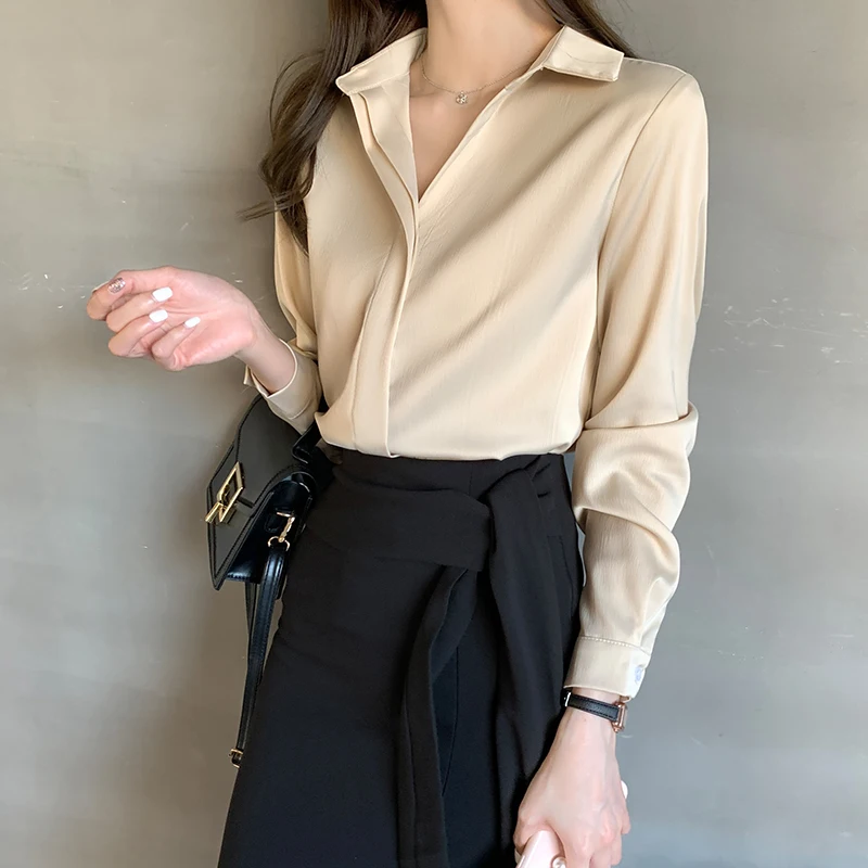 

Fashion Women Elegant Imitation Satin Blouse Shirt Long Sleeve Solid Color Office Lady Spring Summer Workwear Top