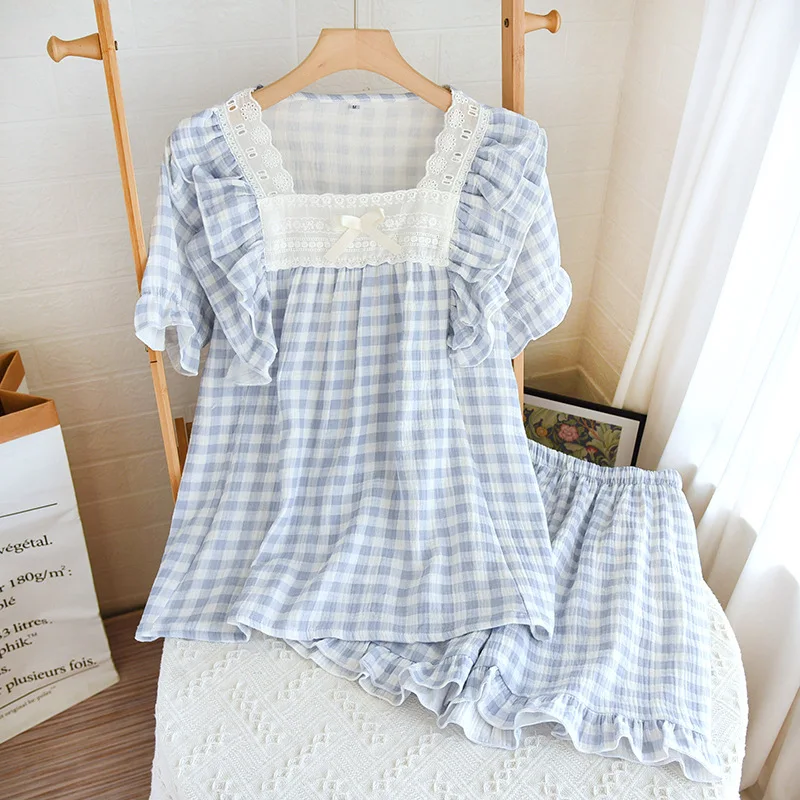 

Летний кружевной клетчатый Пижамный комплект для женщин топ с коротким рукавом с мультяшным принтом и шорты студенческий стиль хлопковая Домашняя одежда костюм