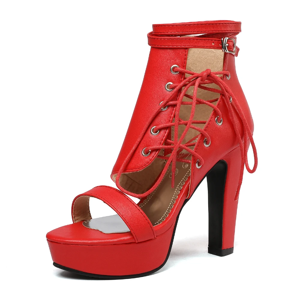 

Женские сандалии с открытым носком, красные, черные или желтые сандалии на очень высоком каблуке, со шнуровкой, для выступлений на сцене, лет...