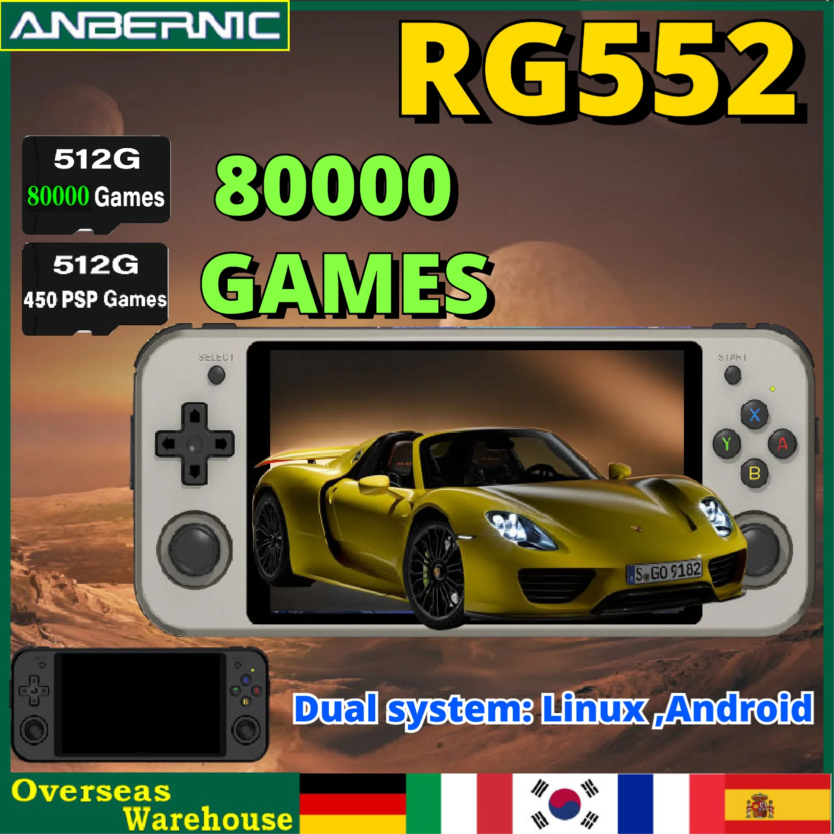 

512G Anbernic RG552 Retro Handheld Game Console Dual Systems Android Linux 5.36 INCH IPS Touch Screen Emulator 80000 Games PSP