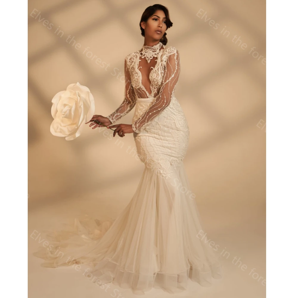 

Женское свадебное платье с юбкой-годе, белое Привлекательное платье невесты с длинным рукавом, аппликацией и бусинами, с вырезами и высоким ...