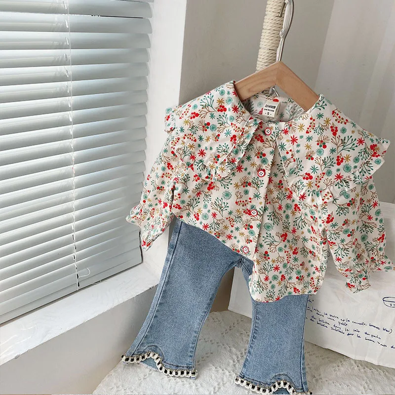 

Cute Children Girl Clothes Set 2-7Years Toddler Kids Long Sleeve Peter Pan Collar Flower Shirt+Flared Denim Pant Jeans 2PCS Set