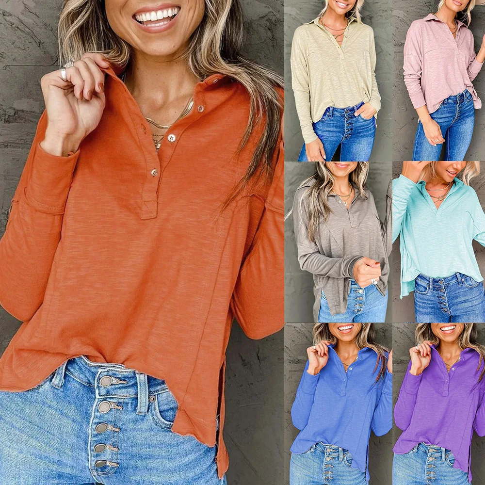 

Spring and summer new fashion solid color V-neck long-sleeved loose casual T-shirt ladies top