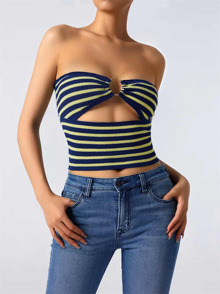 

Женский трикотажный топ в полоску, без бретелек, с открытой спиной