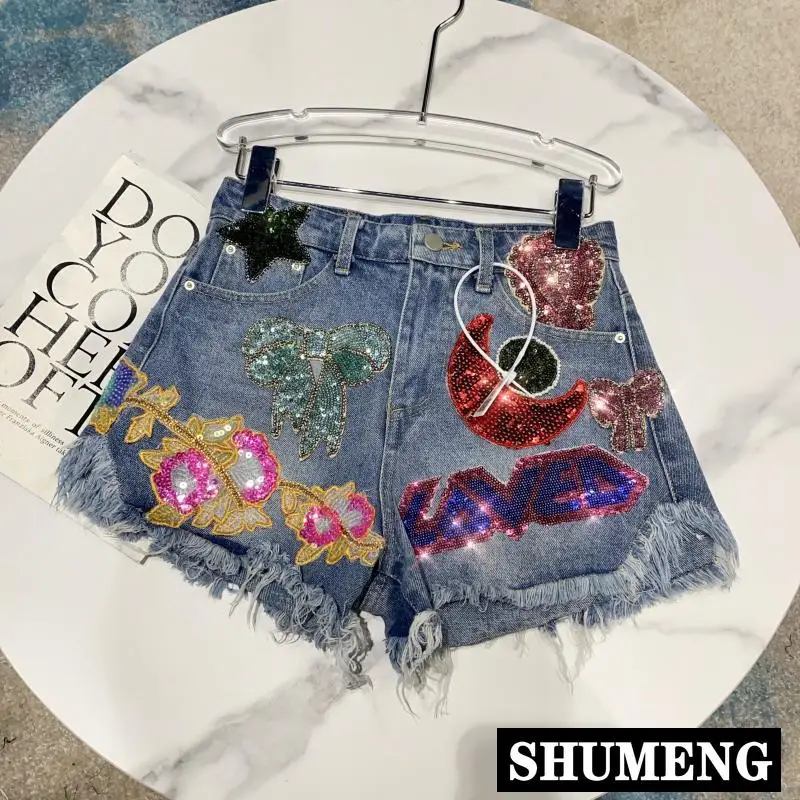 

2022 Summer New Colored Moon Sequins Letter Embroidered Burr Denim Shorts Fashion Jeans Women Streetwear Shorts