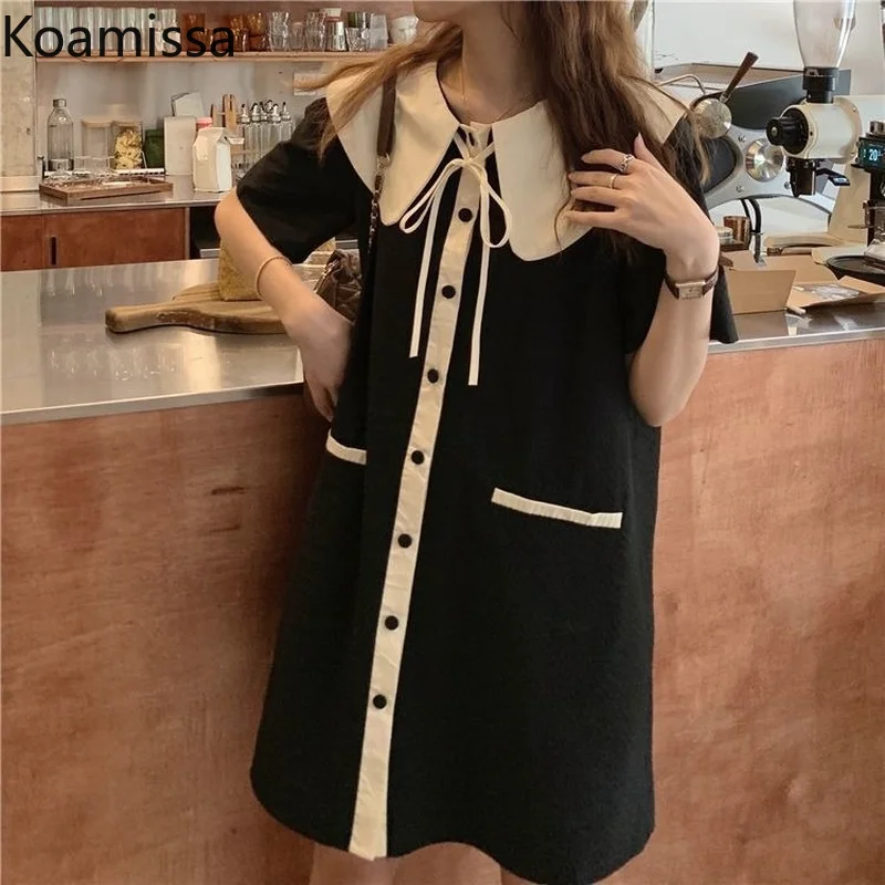 

Koamissa Japanese Sweet Women Patchwork Loose Mini Dress Short Sleeve Single Breasted Lady Summer Short Dresses Korean Vestidos