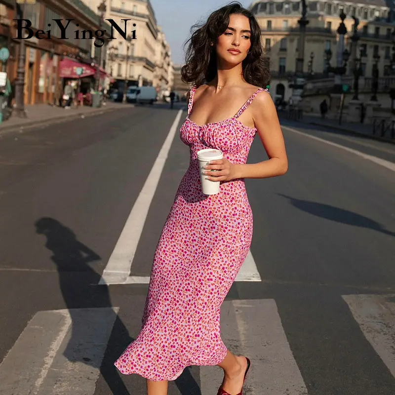 Beiyingni 2022 Floral Printed Women's Dresses Sexy Strapless Summer Pink Female Streetwear Dress Casual Skinny Boho Holiday Robe