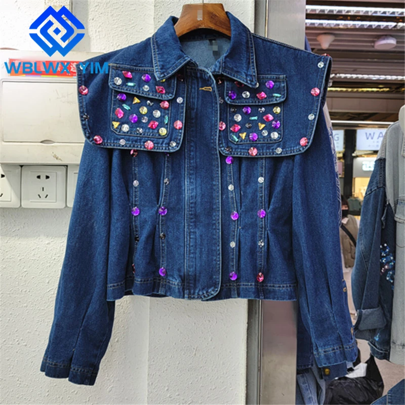 

Jeans Jacket Women Spring Autumn Fashion Diamond Sailor Collar Denim Jackets Double Pocket Loose Casual Short Jeans Coat Female
