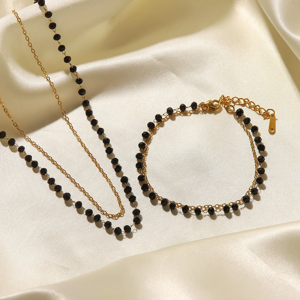 

KouCh Stainless Steel Necklaces And Bracelets Sets For Woman Black Beads Double Layer Collier Trendy Luxury Decor Hand Jewelry