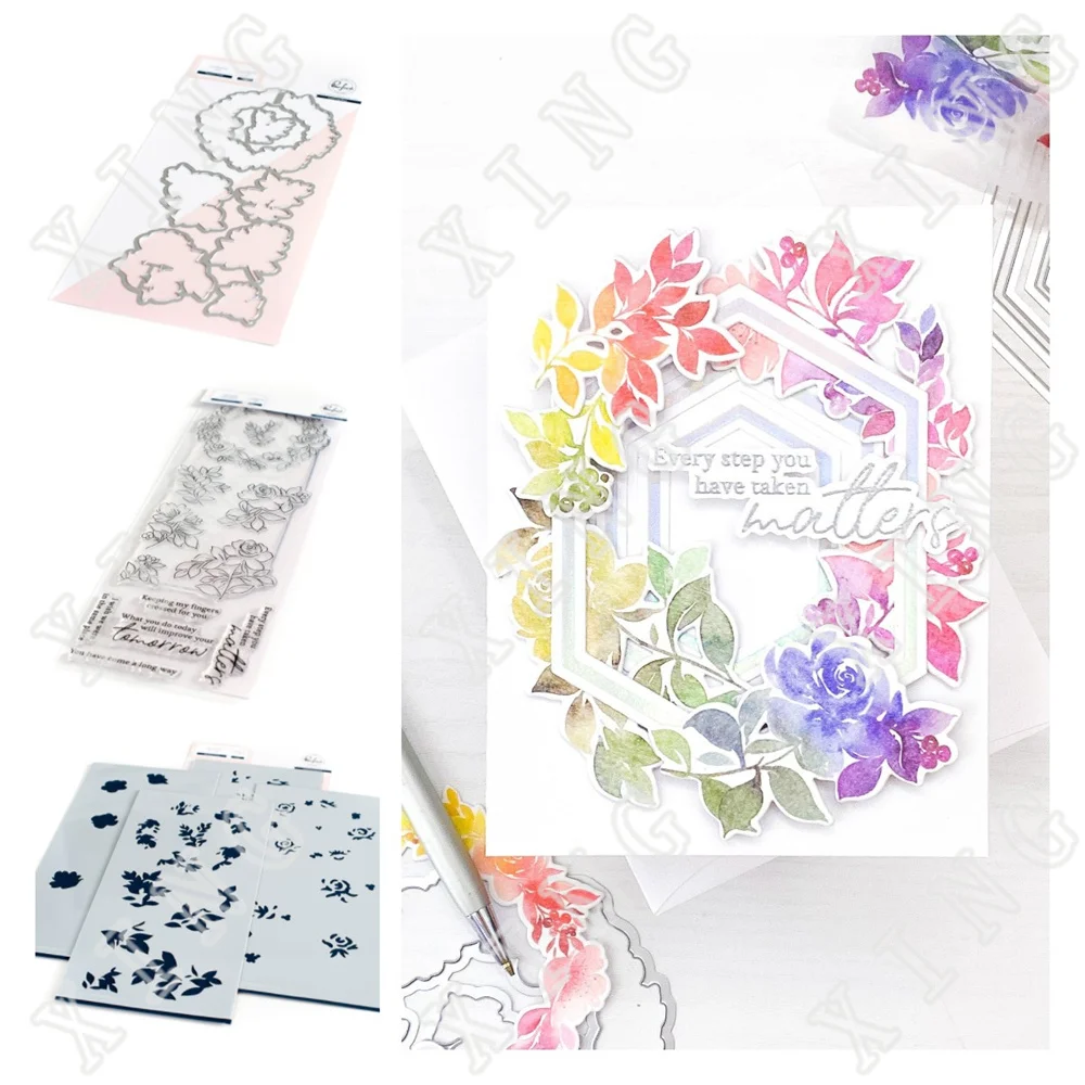 2022 New Rainbow Floral Washi Cutting Dies Clear Stamps Layering Stencils Diy Scrapbooking Card Paper Decoration Embossing Molds