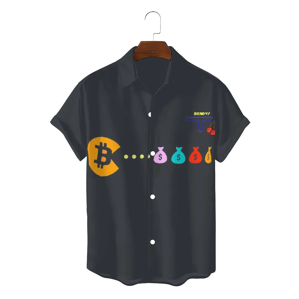 

Bitcoin Eats Dollar Classic 2022 Men Crazy Hawaii Shirts Pacman Retro Games Square Neck Short Sleeve Polyester 3D Shirt