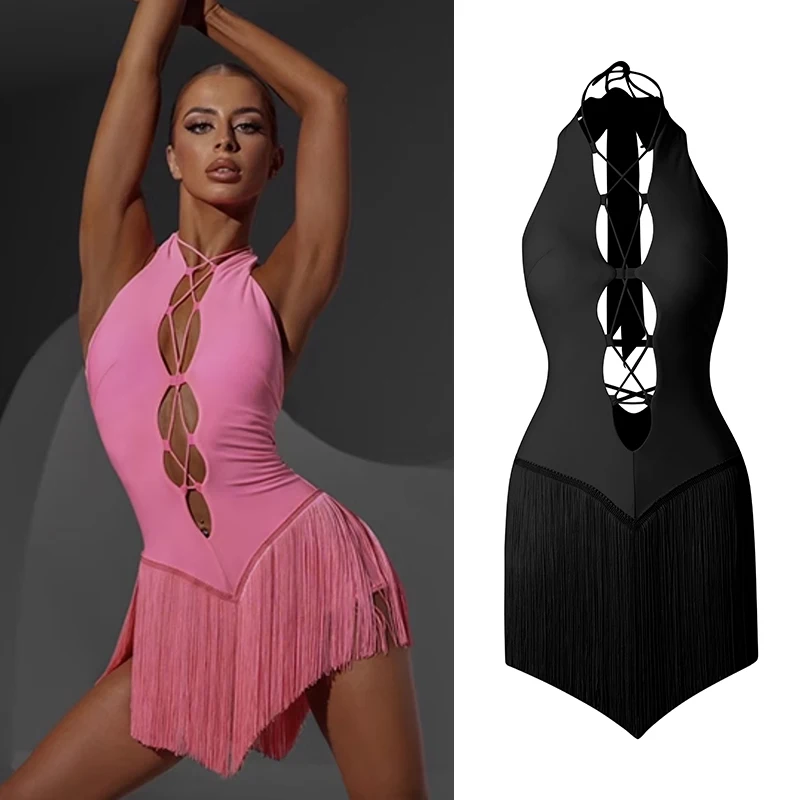 

Sexy Hollow Out Latin Dance Dress Women Pink Black Fringe Dress Adult Practice Clothing Cha Cha Dance Costume Competition Dress