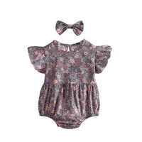 2pcs newborn bodysuit headband suit floral printing jumpsuit flying sleeve triangle romper outfits with hairband