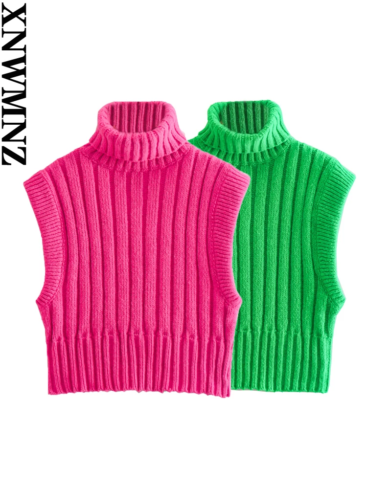 

XNWMNZ женский модный Укороченный трикотажный жилет в рубчик свитер с воротником-хомутом без рукавов женский жилет шикарные топы