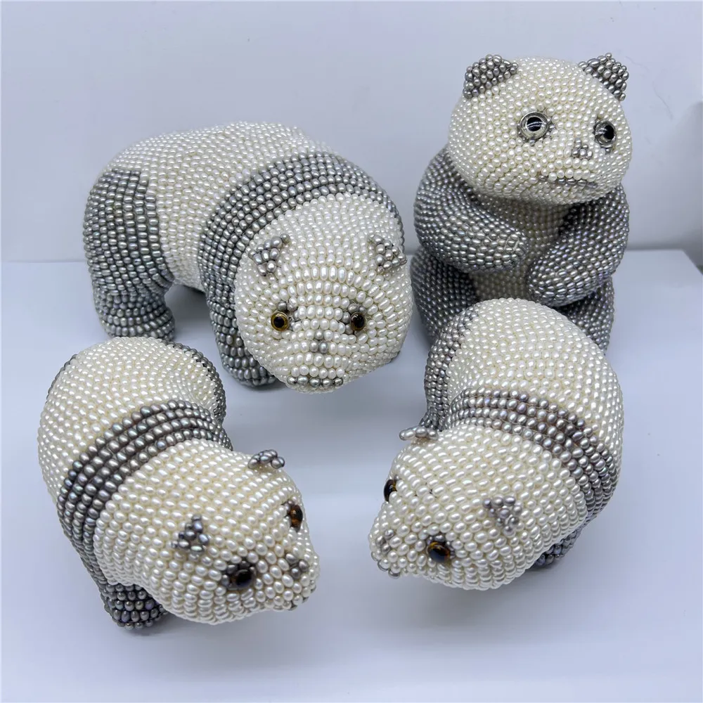 Panda DIY Pure Hand-Woven Natural Freshwater Pearls Animal Ornaments Home Living Room Office Desktop Decoration