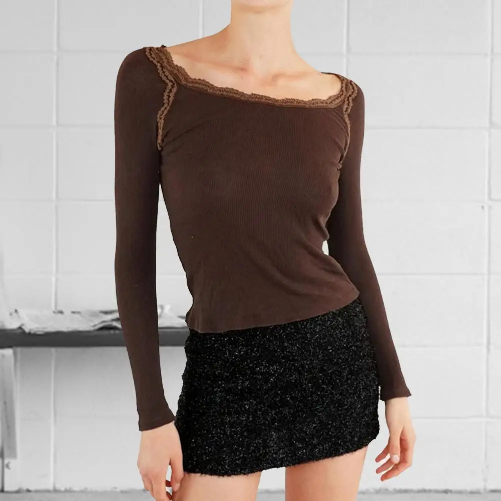 

Vintage Brown Tee Shirts O-Neck Lace Trim Long Sleeves Ribbed Women Blouse Solid Color Slim Bottoming Top Streetwear blusas