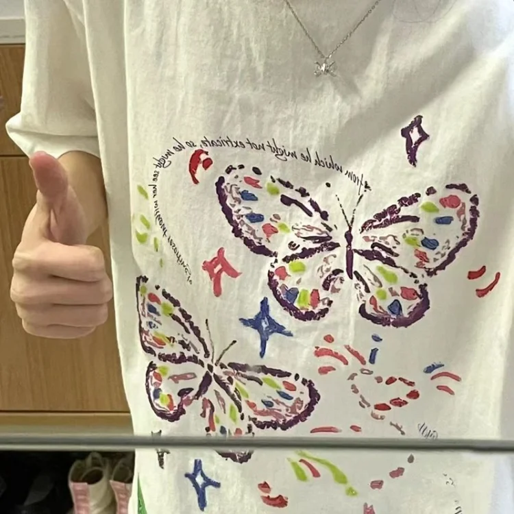 

American High Street Short Sleeve T-shirt Vintage O-neck Butterfly Print Tee Shirt Summer New All-match Cotton Bottoming Tops