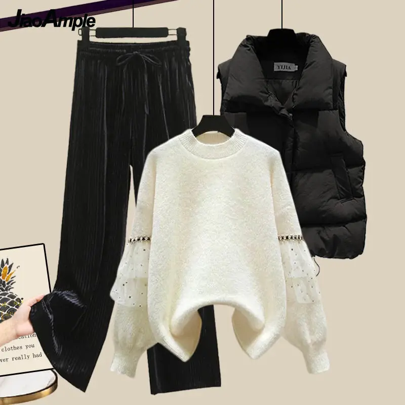 

2022 Winter New Fashion Knitted Sweater+Vest+Wide Leg Pants Three Piece Women's Korean Elegant Warm Pullover Coat Trousers Set