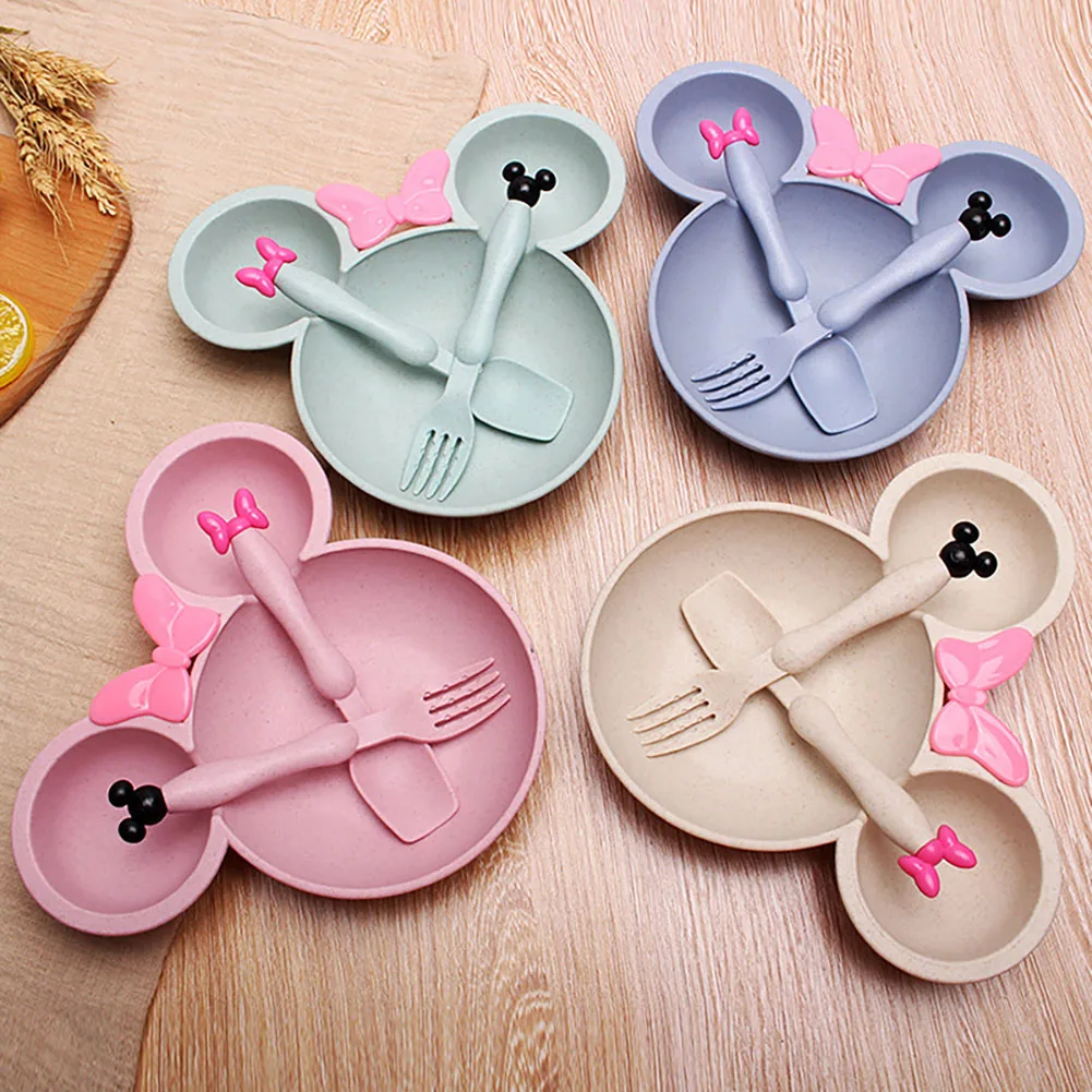 

3Pcs/set Wheat Straw Baby Dishes Cartoon Tableware Set Kids Dinner Platos Baby Feeding Plate Training Bowknot Bowl Spoon Fork