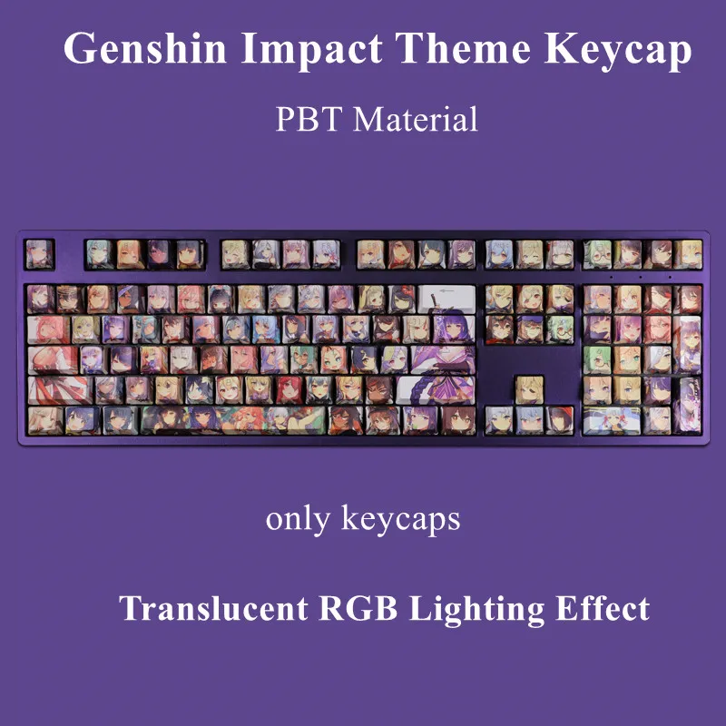 

104 Keys Genshin Impact Themed Keycaps PBT Mechanical Keyboard Caps Translucent RGB Dyeglued Gamer Anime Character Hutao Keqing