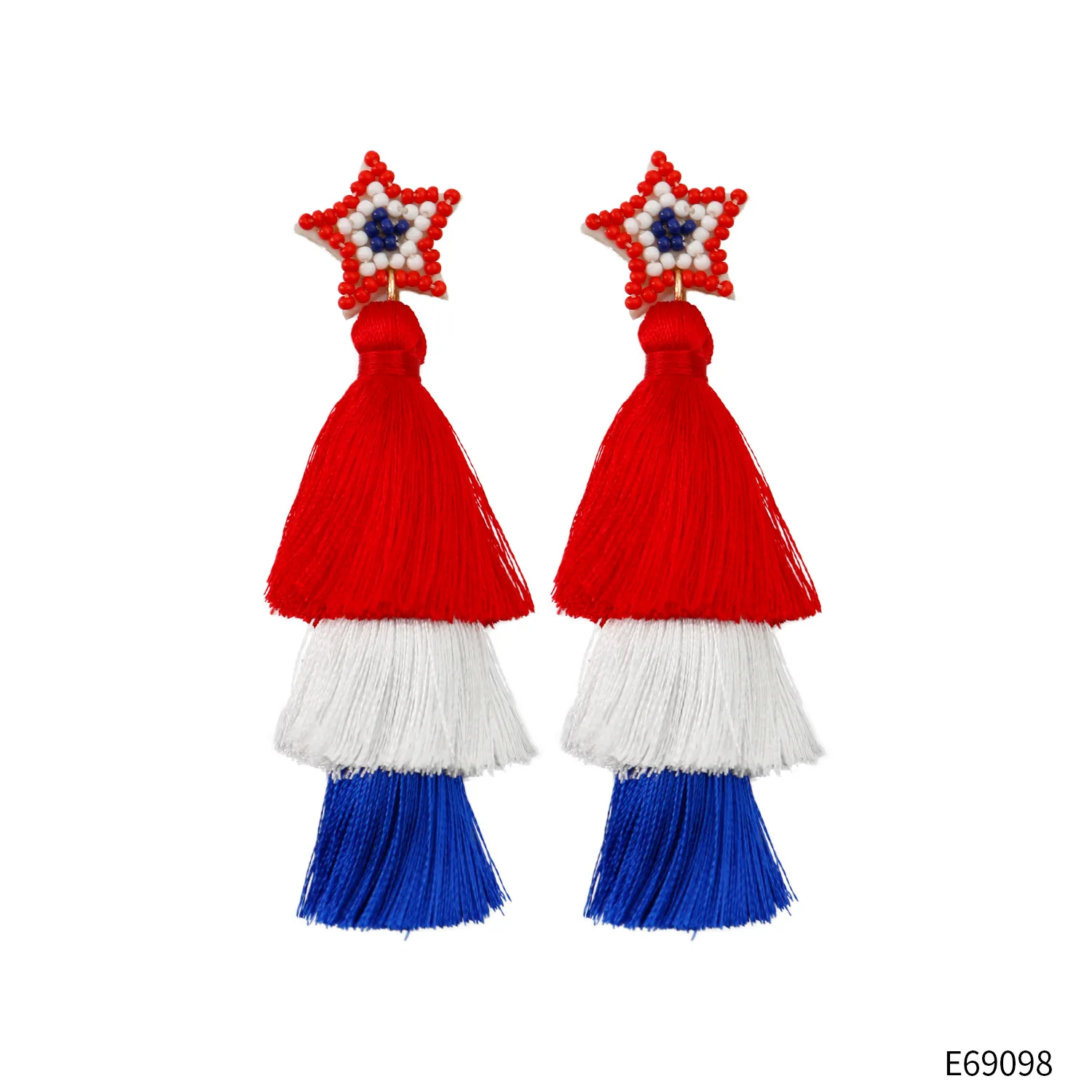 KMOKN Vintage National Style American Independence Day Earrings Handwoven Finished Red Blue White Pentagram Tassel Earrings