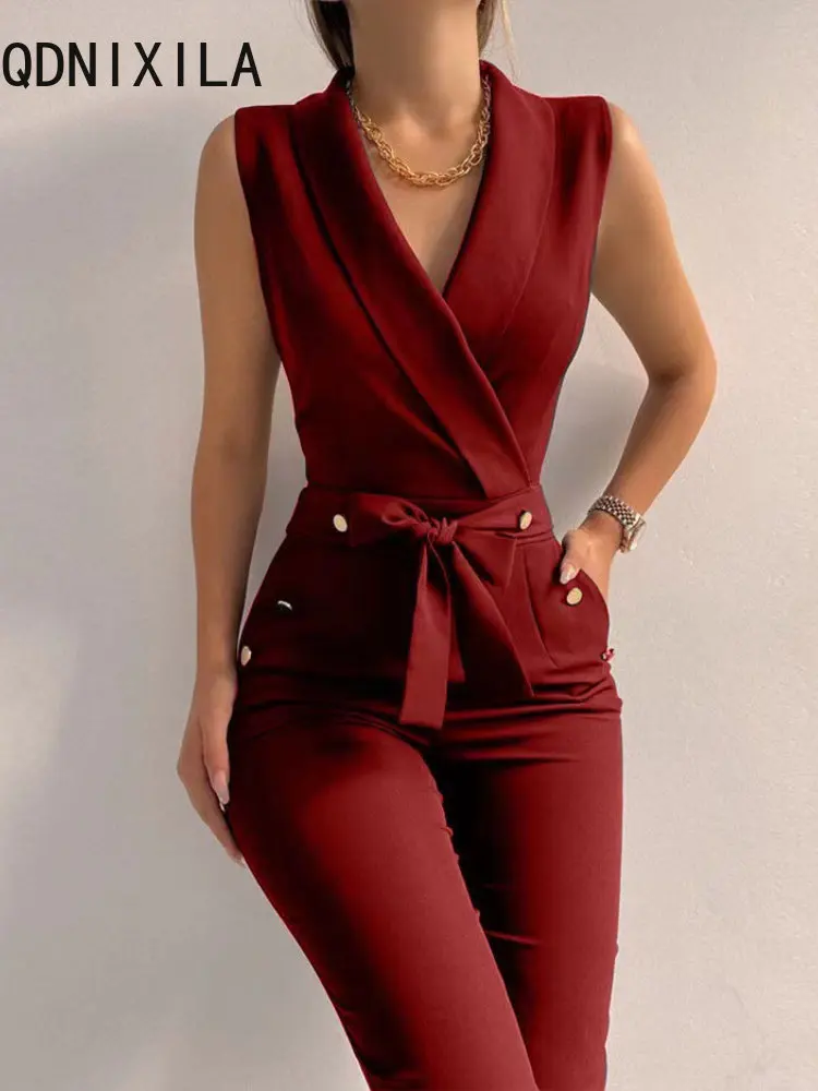 

New In Spring Summer Women's Jump Suits for Women Pure Color V-neck Strappy Sleeveless Overalls for Women Jumpsuits for Women