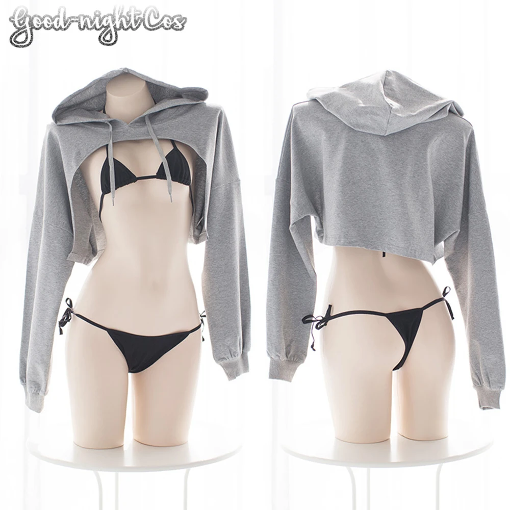 

Anime Game Cosplay Costume Sexy Bikini Black + White Lingerie Daily Suit Hooded Sweater Bikini Woman Bra Role Play girl Costume